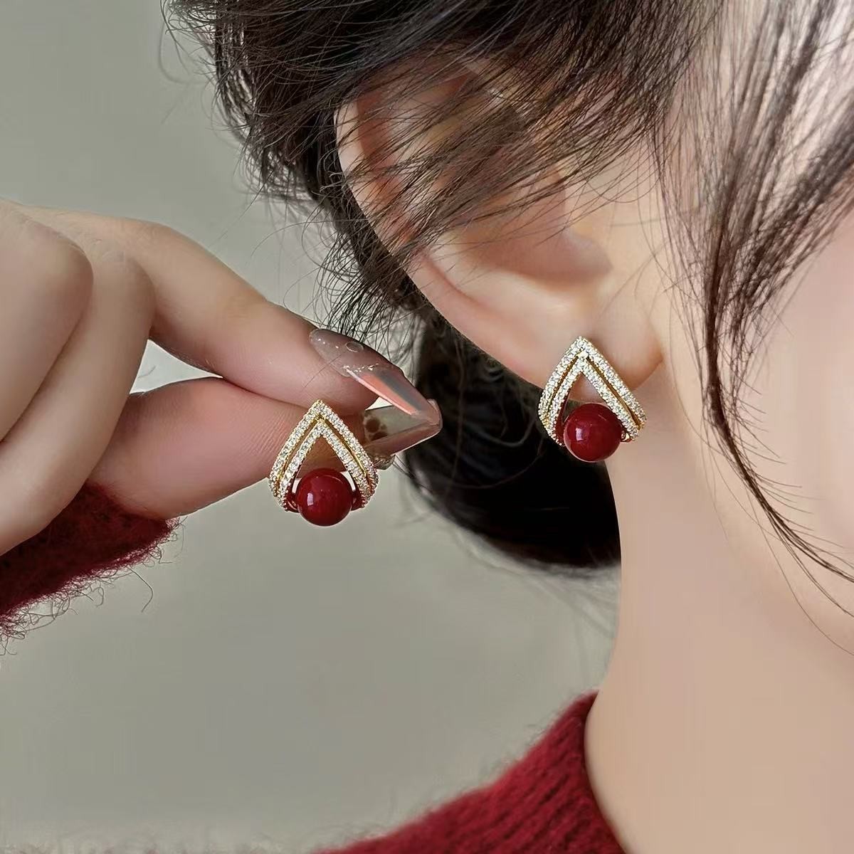 Pearl Earring Stud - 925 Silber Nadel Koreanische Mode Weinrote