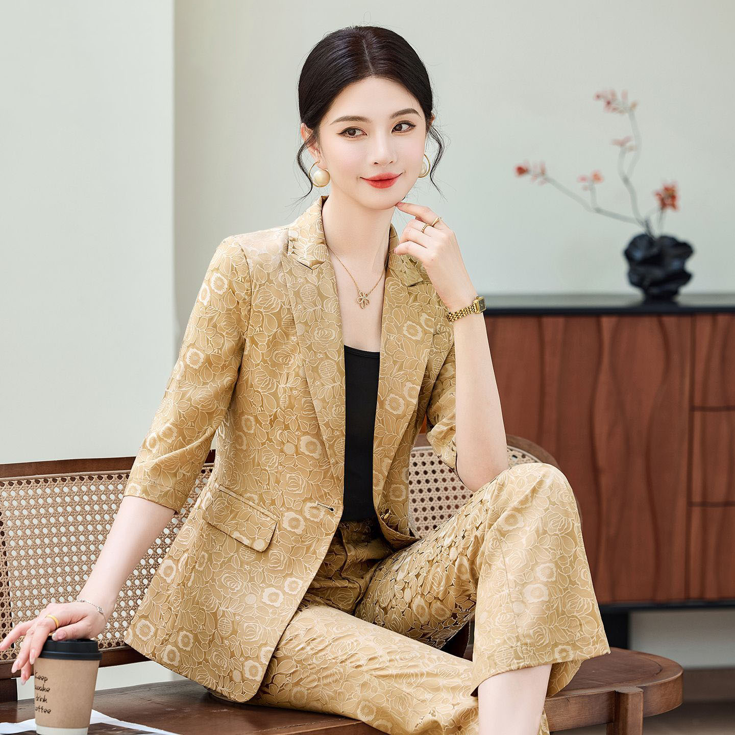 Women Formal Wear Office - Modischer Aprikosenfarbener Halbarm-Businessanzug für Damen, Neu