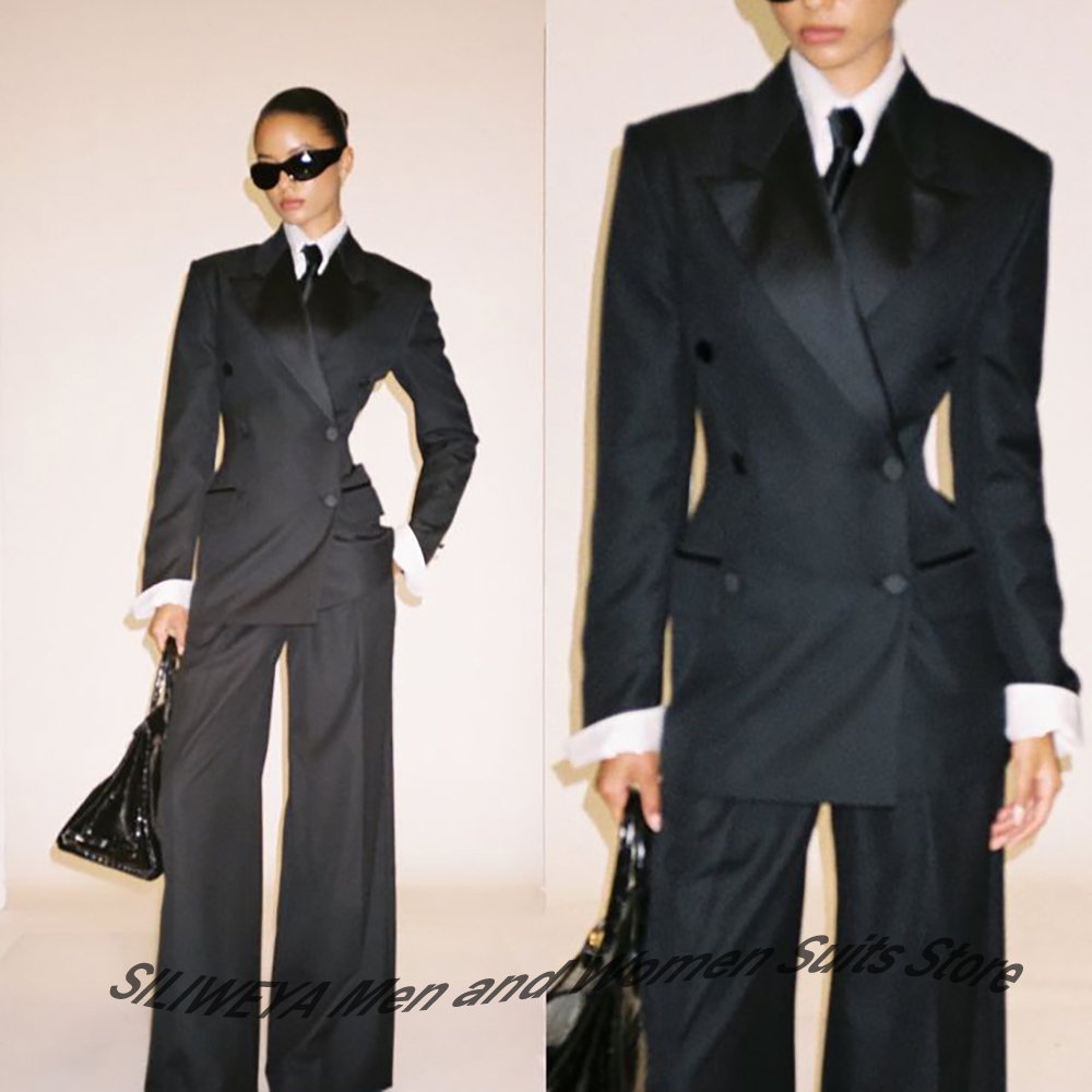 Women Formal Wear Office - Professioneller schwarzer zweireihiger Anzug für Damen,