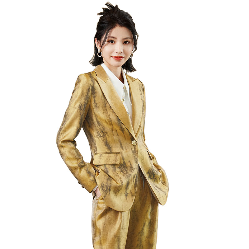 Women Formal Wear With Black Blazer - Frauen Golden Schwarz Formale Hosenanzug Herbst