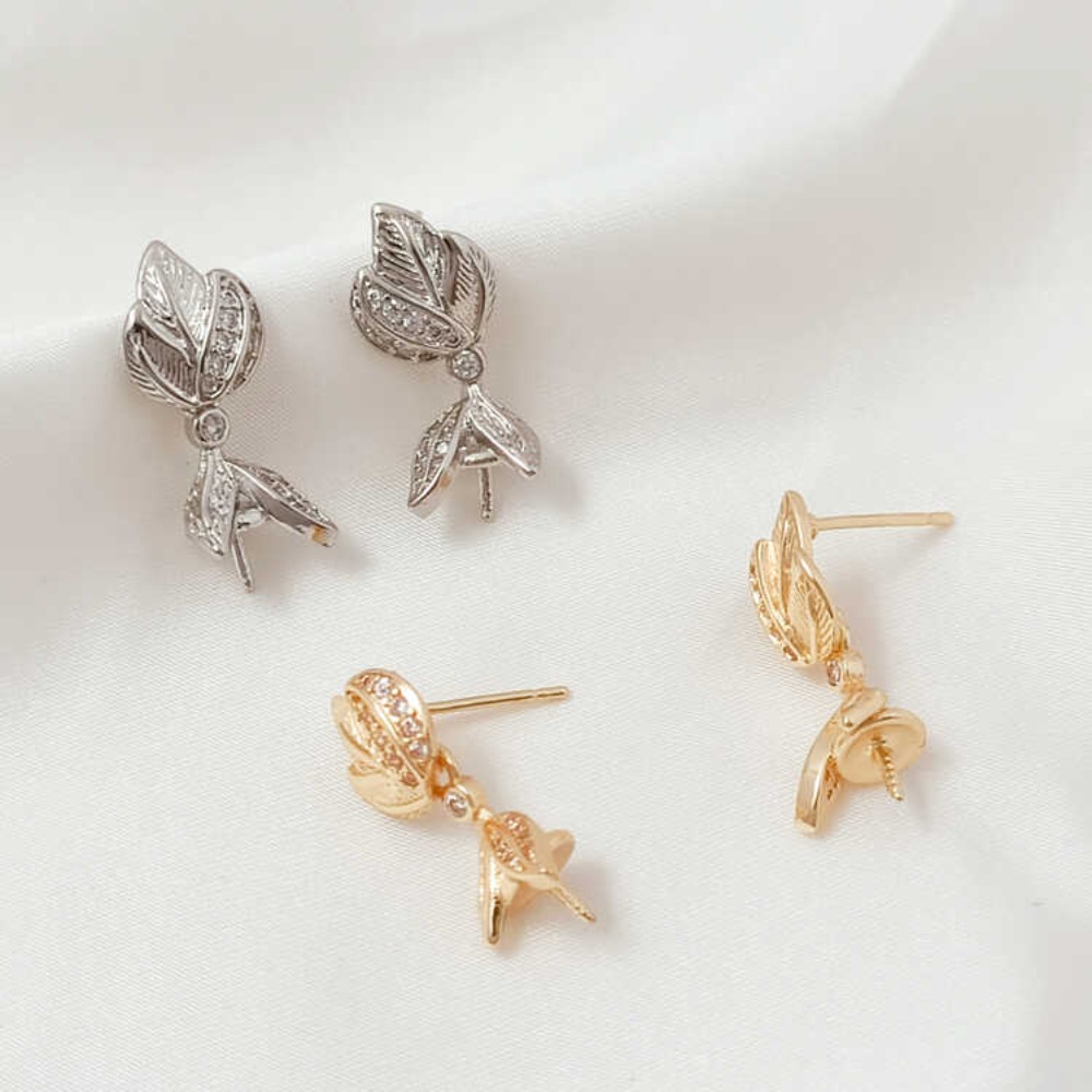 Pearl Earring Stud - 14K Mikro-Zirkonium Barock gebürstete Magnolienblume handgefertigte